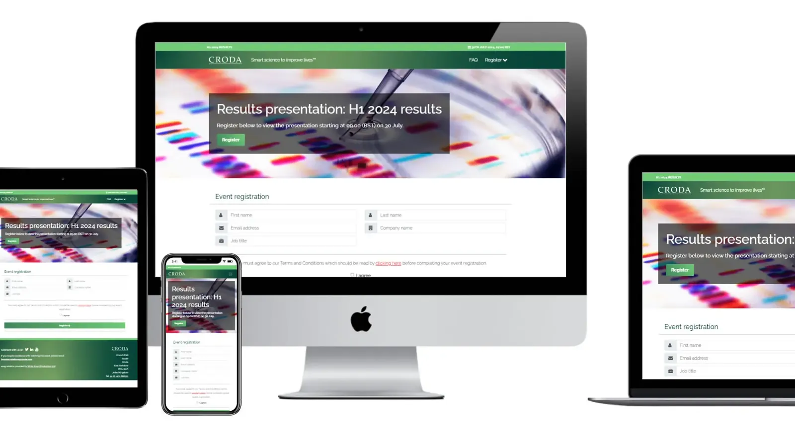 Branded live stream registration and viewing platform on desktop, tablet and mobile