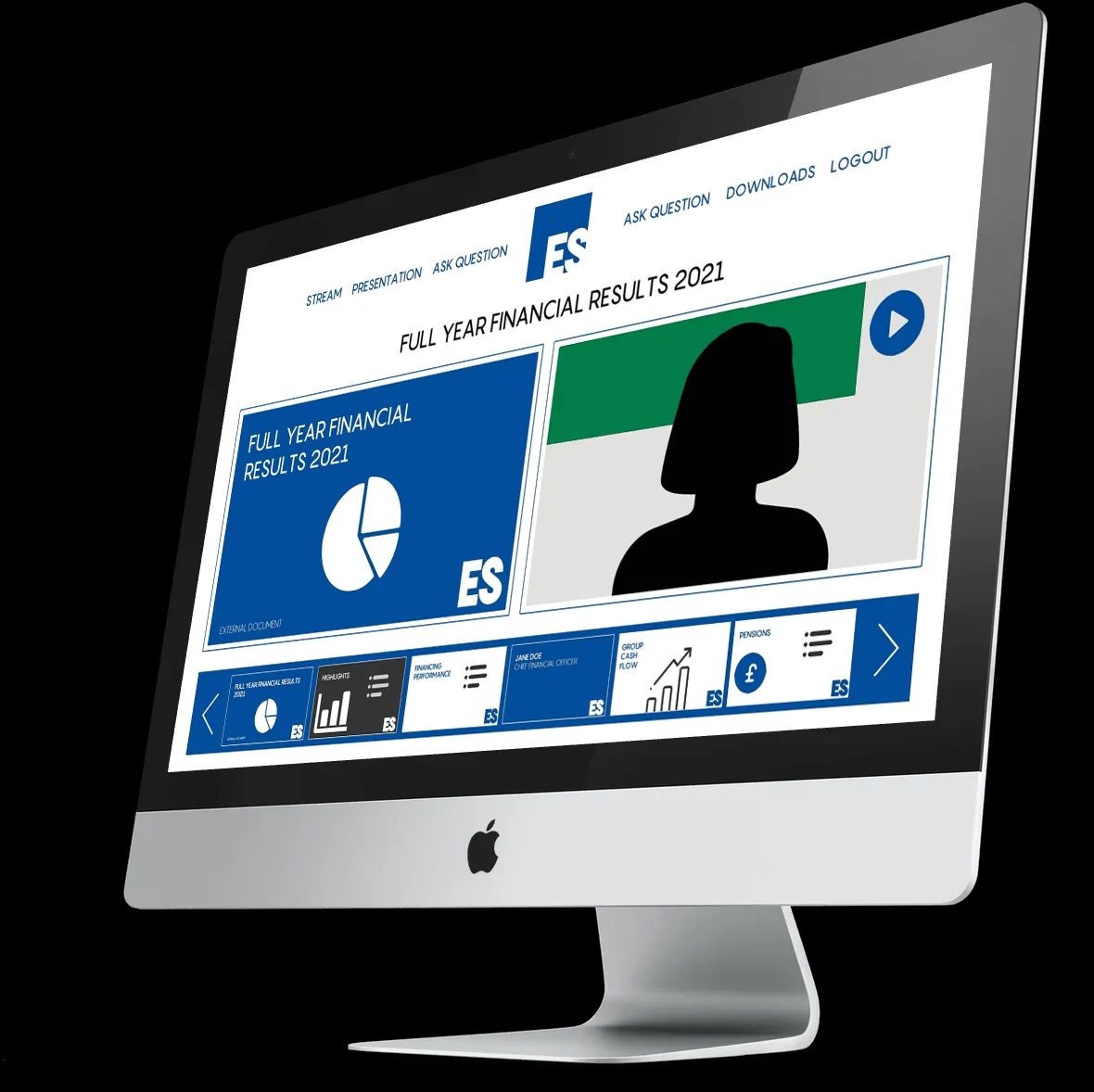 Branded financial results webcast registration portal on a desktop screen